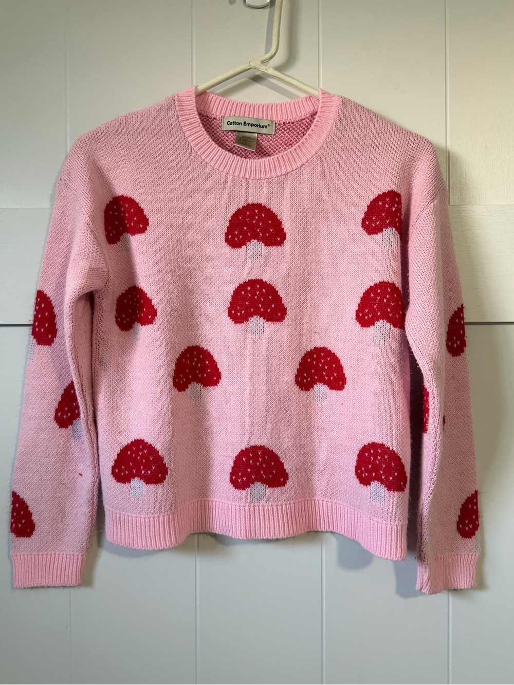 Cotton Emporium Pink Sweater with Red Mushroom Motif